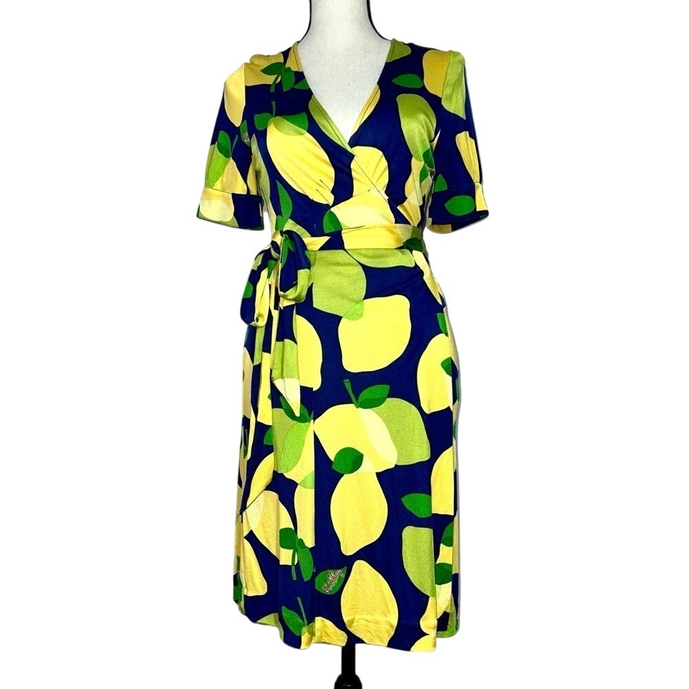 LILLY PULITZER 100% SILK LEMON AND‎ LIME SHORTSLEEVE KNEE LENGTH WRAPDRESS SZ 4